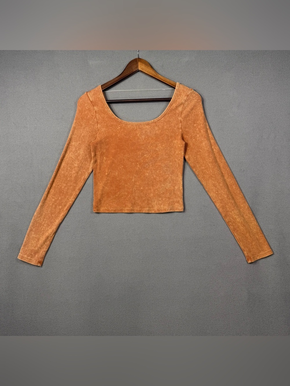 Wild Fable Long Sleeve Ribbed Scoop Neck Crop Top, Sandy Brown, M